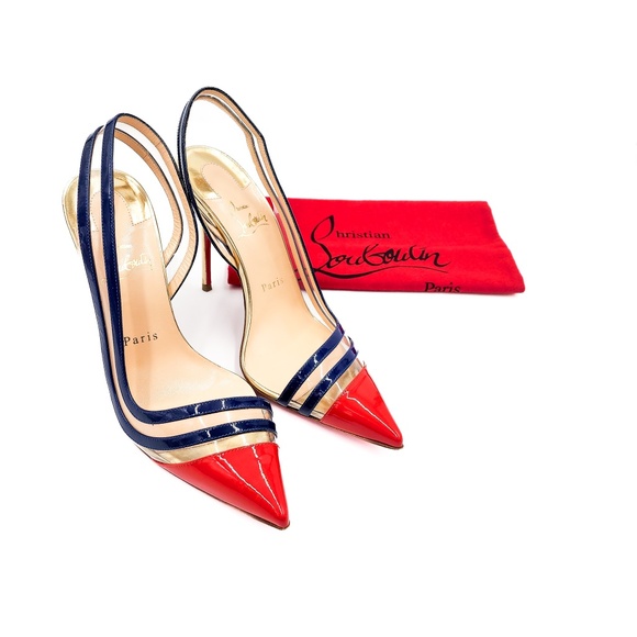 Christian Louboutin Patent Leather PVC Red Navy D'orsay Pumps Heels 37.5 - Picture 1 of 10